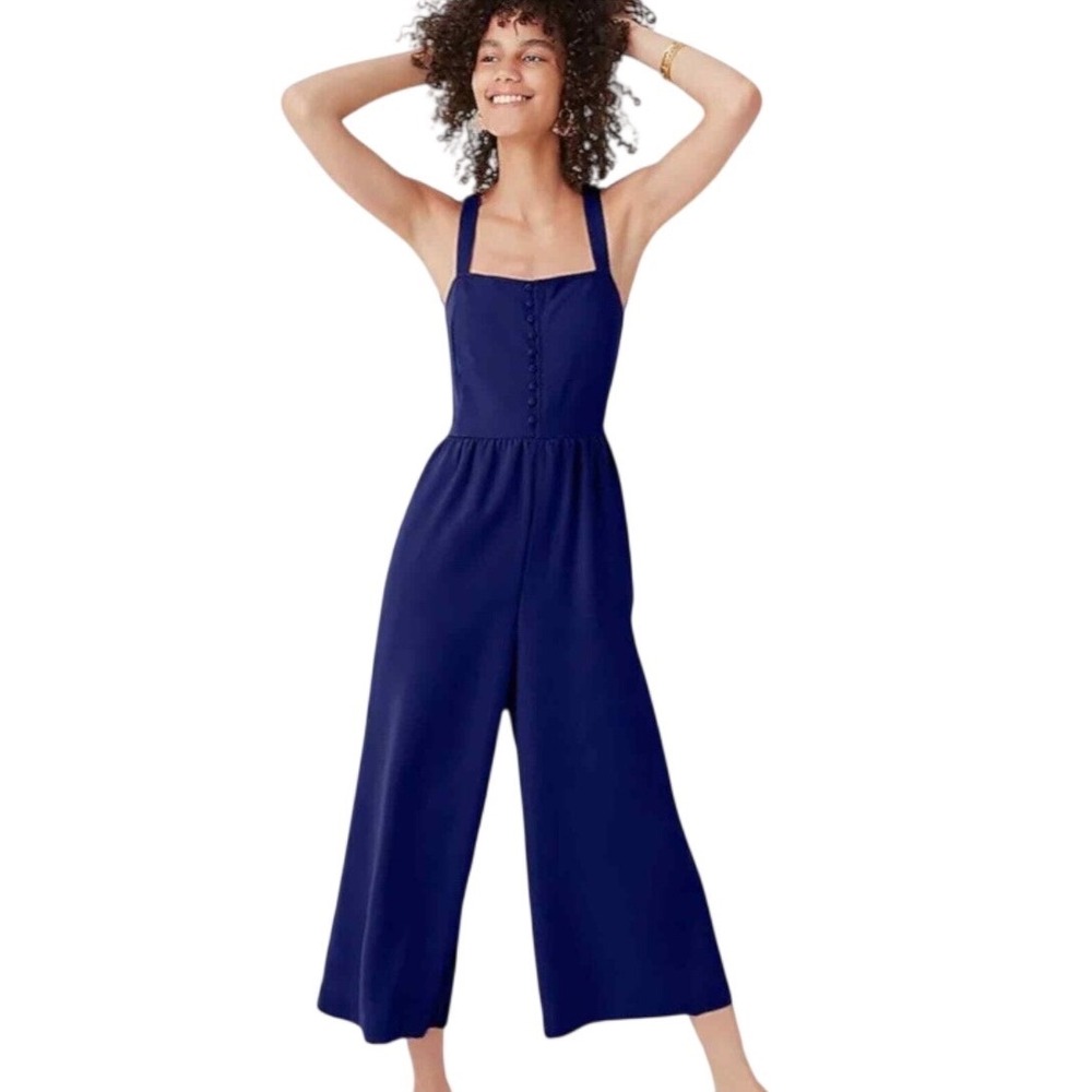 Madewell Navy Blue Smocked Button-Front Cropped Wide Leg Jumpsuit romper Size 00